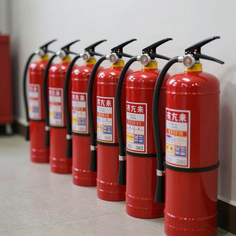 A row of several red fire extinguishers neatly aligned in a professional training center.