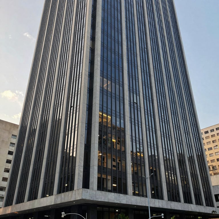 A large commercial building in a Brazilian city with modern glass facade and fire safety certification visible.