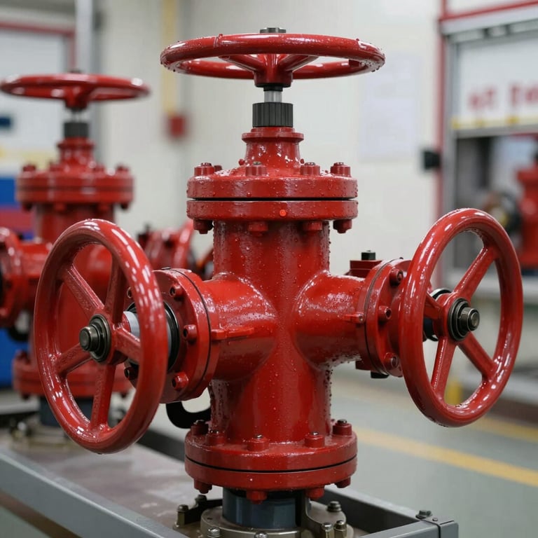 Close-up of a red industrial fire pump system in a clean mechanical room, navy blue metallic details.