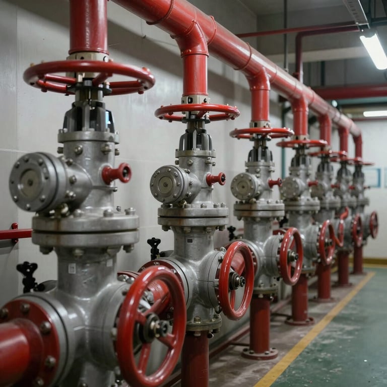 Rows of fire safety valves and red piping in a clean industrial basement.