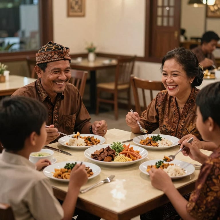 A happy Javanese family smiling and enjoying delicious meals together in a cozy, warm-lit restaurant atmosphere, with plates of warm food on a light cream table, Indonesian cultural context.