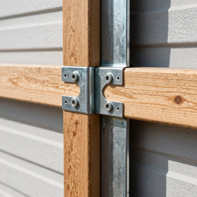 Macro close-up of heavy-gauge steel hardware and precision-milled timber joints on a garage door, bright natural daylight highlighting the wood grain and metal texture.