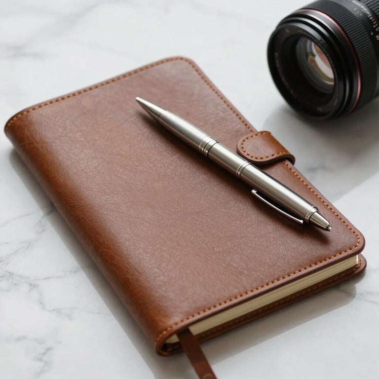 A leather-bound notebook and silver pen on a white marble desk.