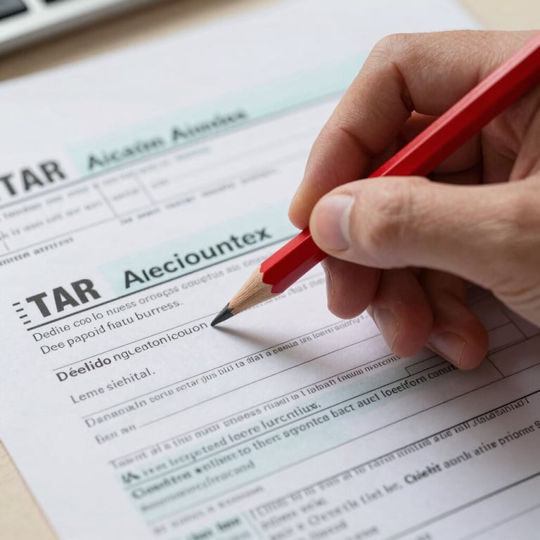 Close-up of tax preparation forms being reviewed with a red pencil for precision.