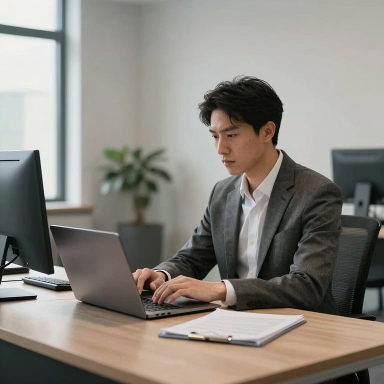 A professional accountant working on a laptop in a sophisticated, minimalist North American office space.