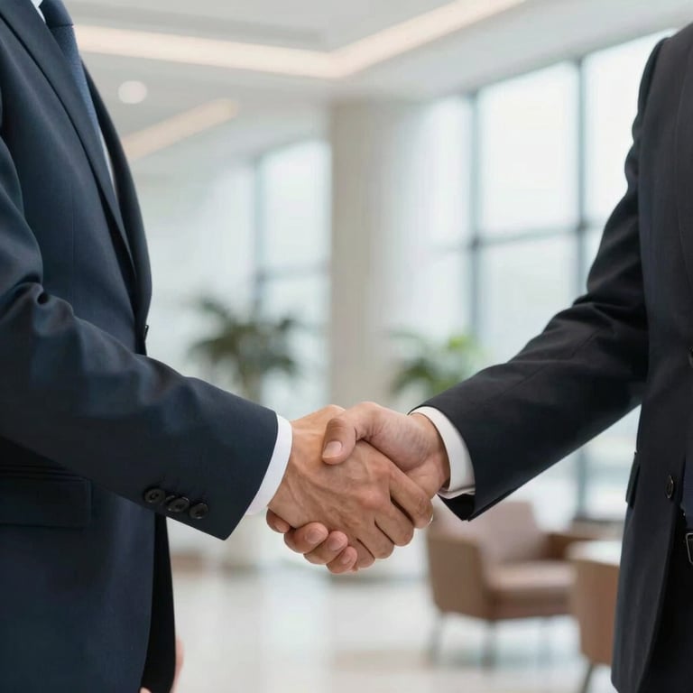 A firm handshake between two professionals in business suits in a bright lobby.