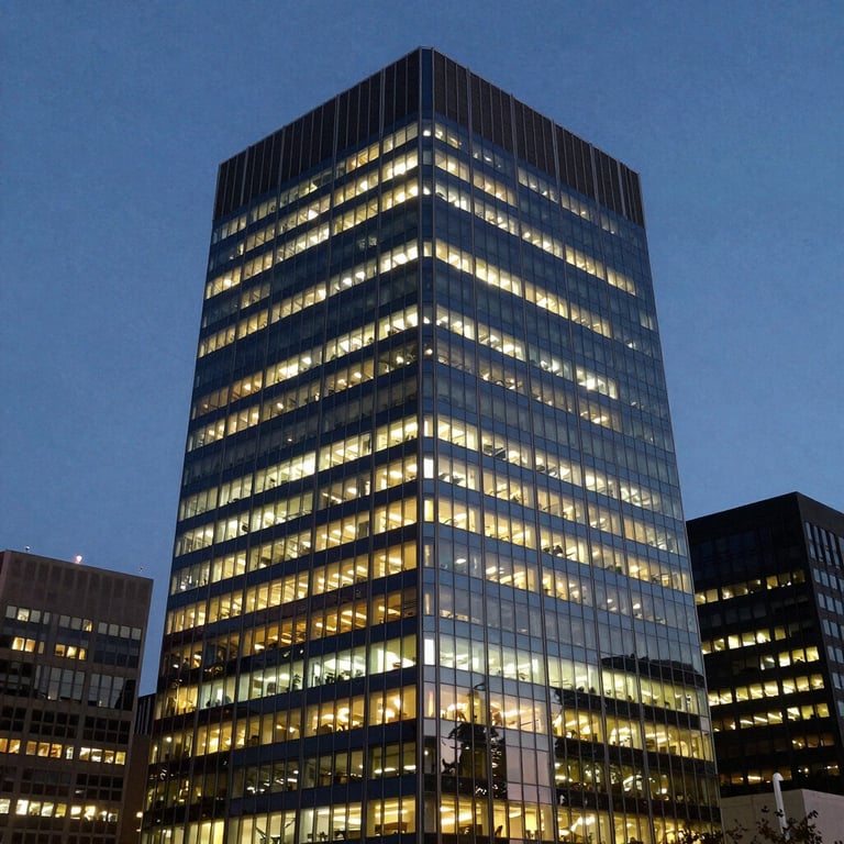 A high-rise office building in a North American business district at dusk, illuminated windows.