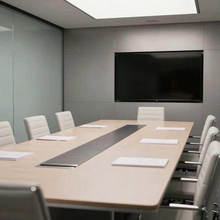 A modern conference room with silver and off-white accents, prepared for a client meeting.