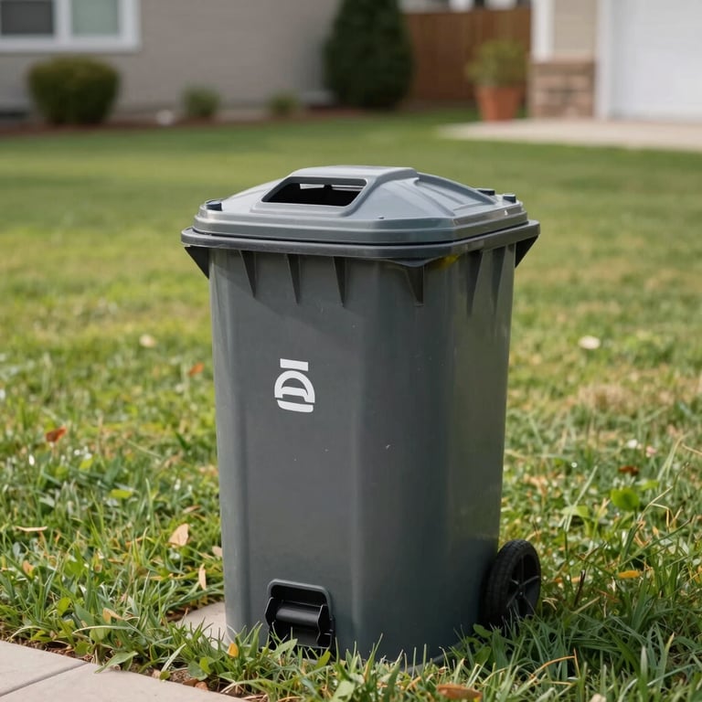A sanitized and perfectly clean residential trashcan standing on a tidy North American / US lawn.