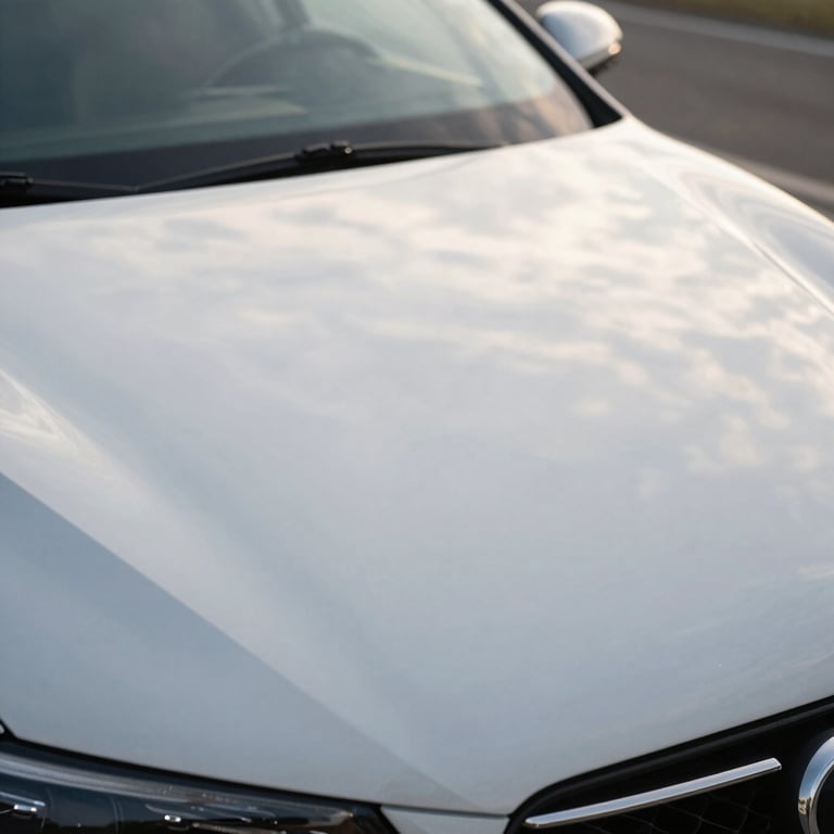 A close-up of a sparkling clean exterior car finish reflecting the soft pearl white sky.