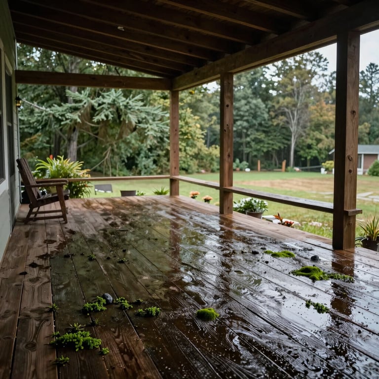 A beautiful wooden porch in a North American / US backyard, free of moss and dirt after a deep wash.