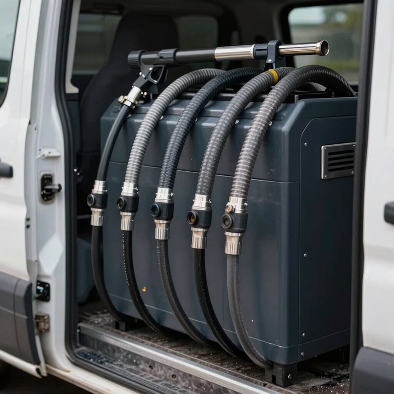 The professional pressure washing unit and hoses neatly organized in a North American / US service vehicle.