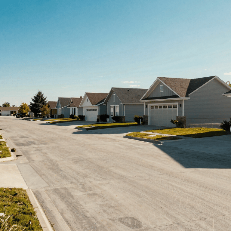 A wide shot of a freshly cleaned North American / US driveway looking bright and new under the sun.