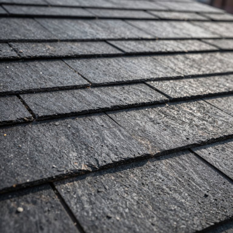 A close-up shot of architectural slate roofing shingles on a New York City property, showcasing heavy texture and dark gray tones.