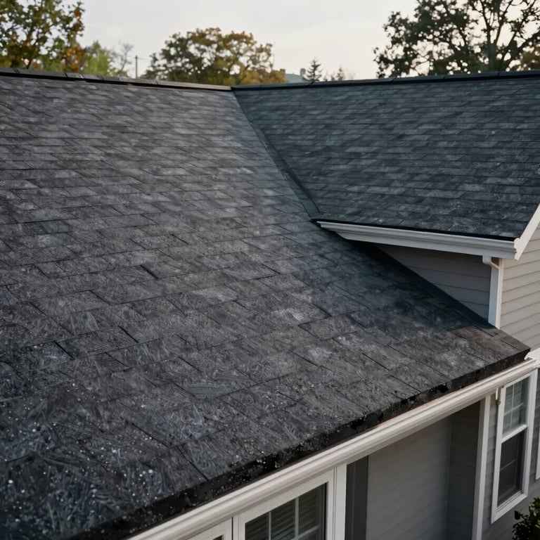 A sturdy, newly replaced asphalt roof on a suburban NYC home, shot from a low angle to emphasize structural durability.