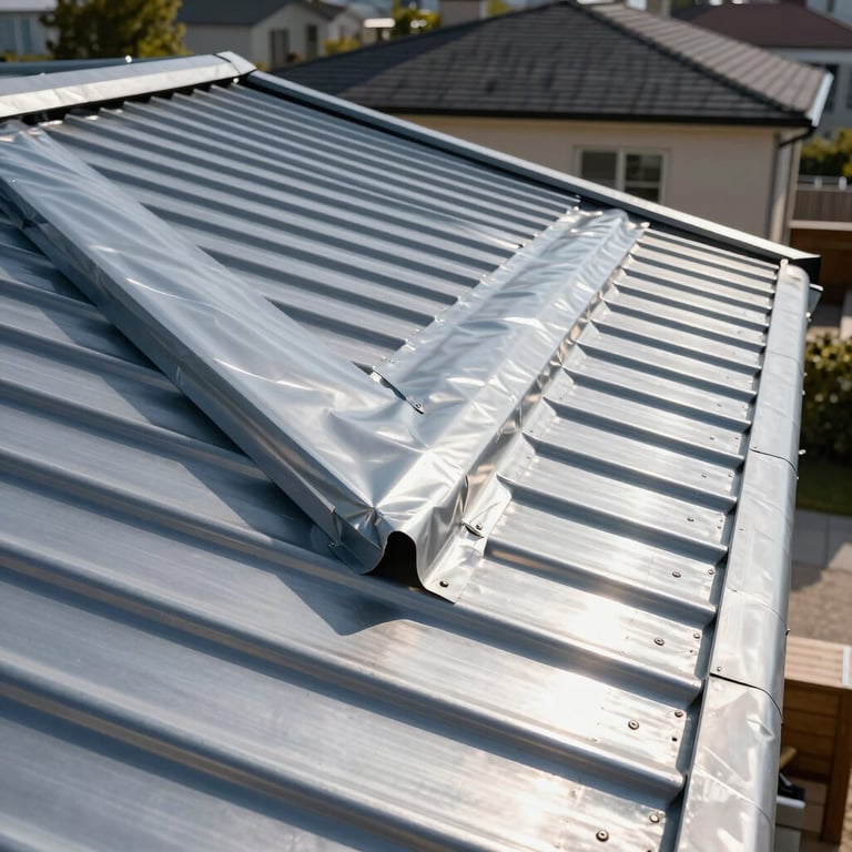 Detailed view of high-quality metal flashing and waterproofing on a modern residential roof, reflecting bright midday sun.