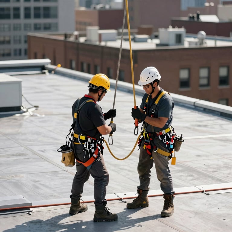Commercial roofers in safety harnesses performing a maintenance check on a large industrial roof in North American / NYC.