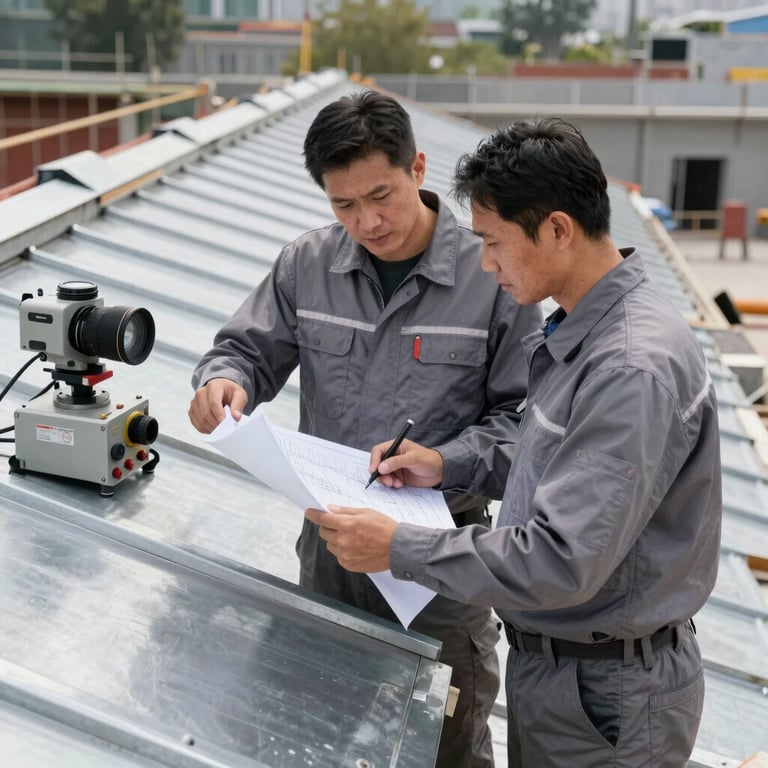 Professional roofing team in steel gray uniforms reviewing blueprints on a construction site with industrial-grade equipment.