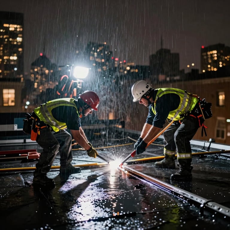 Night-time emergency roof repair in NYC, with strong work lights illuminating a crew sealing a leak during heavy rain.