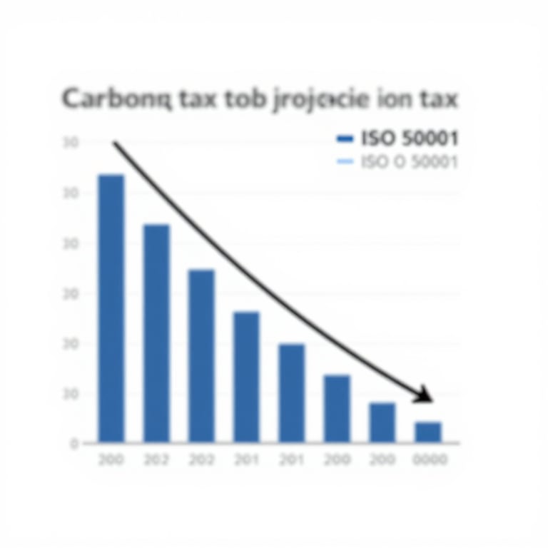 A clean, minimal financial graph showing a declining carbon tax projection and ISO 50001 compliance markers.