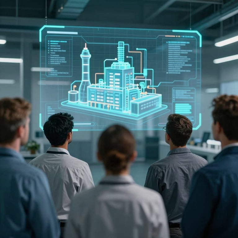 A group of diverse industrial experts looking at a 3D hologram of a factory's energy flow in a deep teal room.