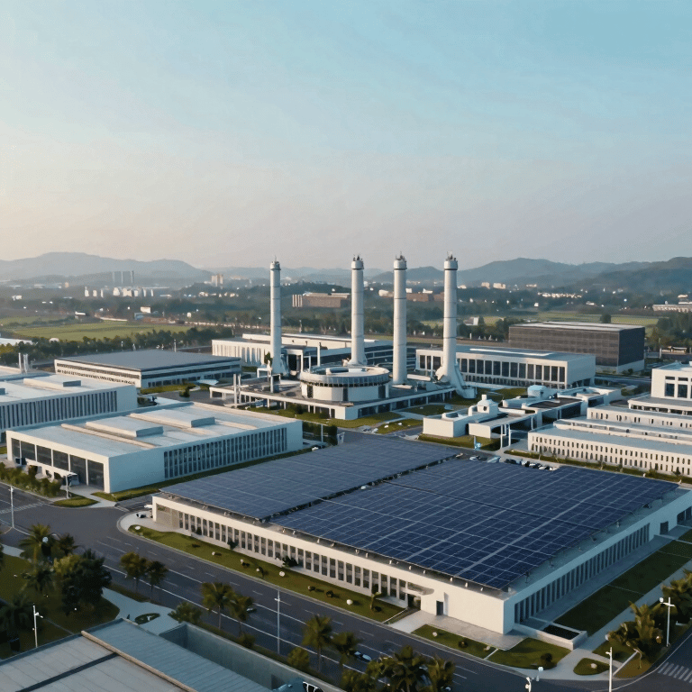 A futuristic factory floor illuminated with soft #8DBEB7 teal lights, emphasizing cleanliness and efficiency.