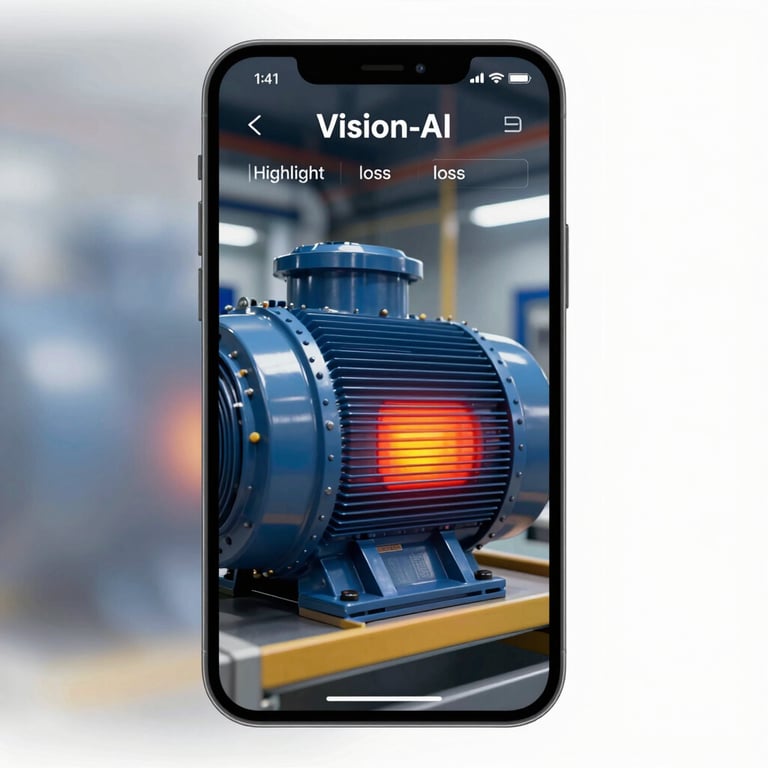 A smartphone interface using Vision-AI to highlight thermal loss on a large industrial motor in a high-tech style.