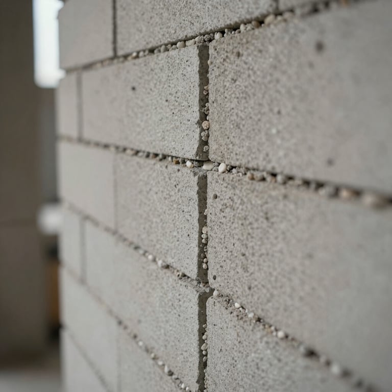 Close-up of precise masonry work on a structural wall, showing level lines and professional craftsmanship.