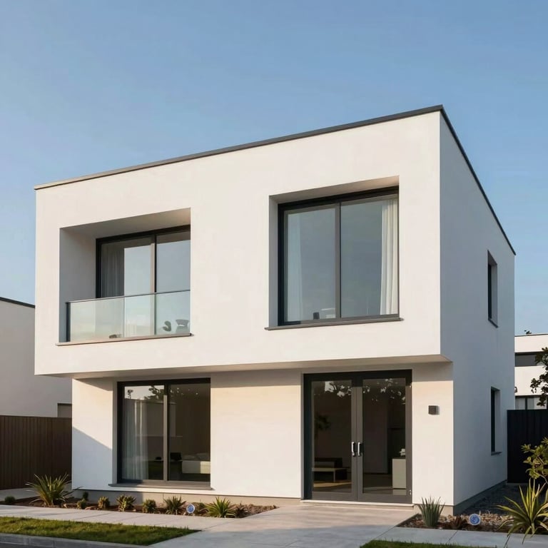 Exterior facade of a recently completed modern villa in Meyreuil, sleek white finish and large windows, late afternoon sun.