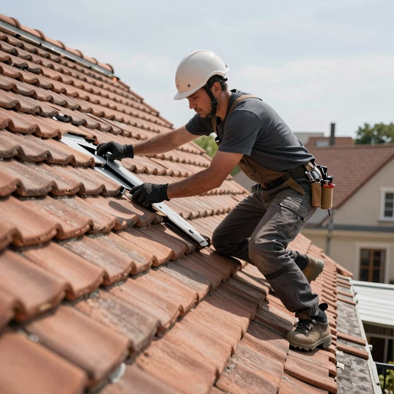 Roofer installing modern clay tiles on a steep roof, European / French architectural style, bright daylight.