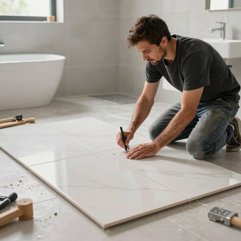 Professional craftsman laying large format ceramic tiles in a modern bathroom, focused and clean workspace.