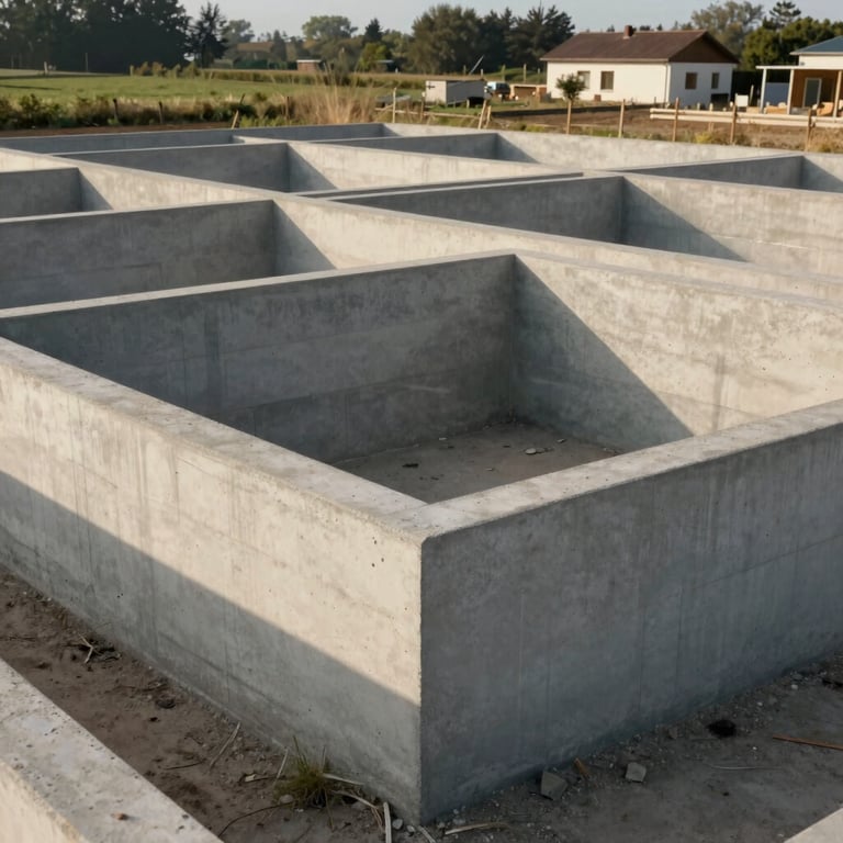 View of solid concrete foundations for a new house in the French countryside, morning light, industrial and clean.