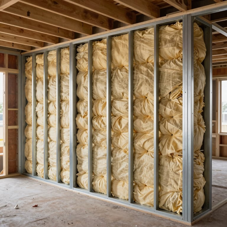 Interior view of second-fix construction including insulation and metal framing for partitions, professional lighting.