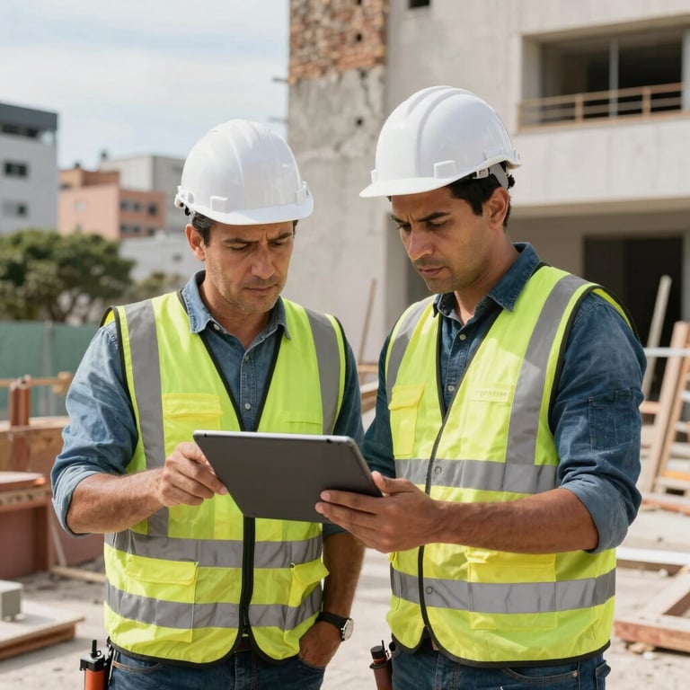 An engineer and an electrician reviewing a digital project on a tablet amidst a renovation site in a Brazilian urban setting.