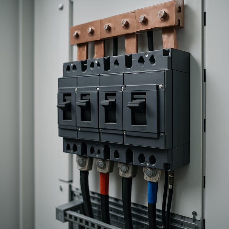 Close-up of a high-end circuit breaker system installed in a clean, modern electrical room.