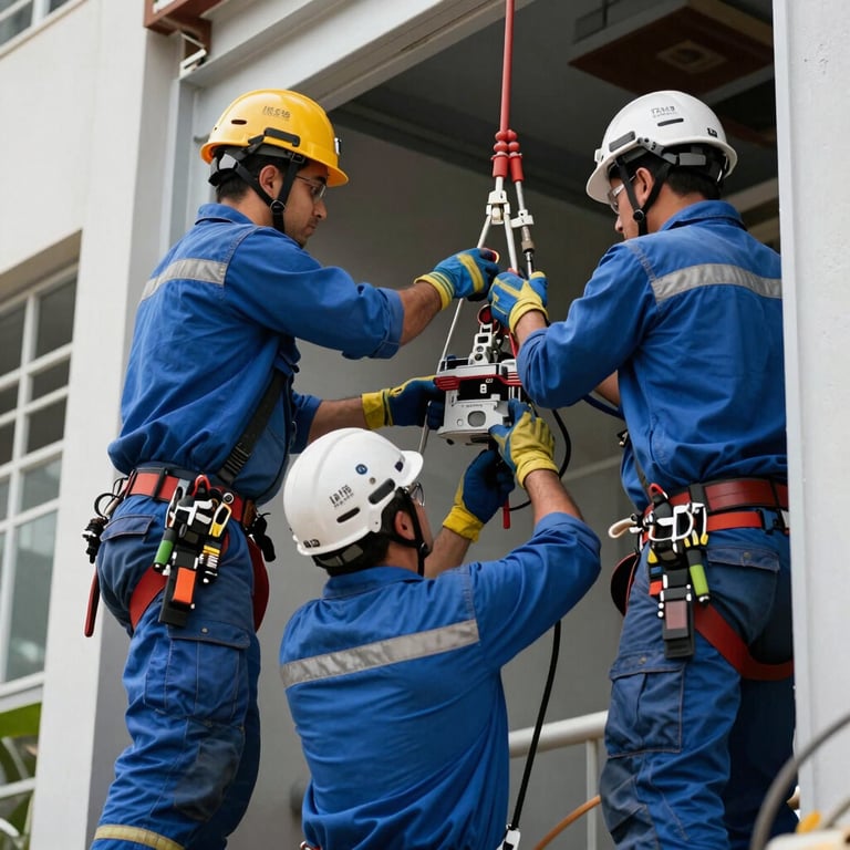 A detailed shot of a team of electricians in blue uniforms working collaboratively on a large-scale commercial installation in Brazil.