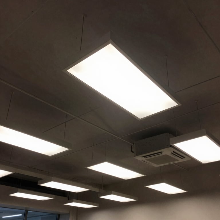 A wide shot of a modern office ceiling with professionally installed industrial-style lighting and visible conduits, South American style.