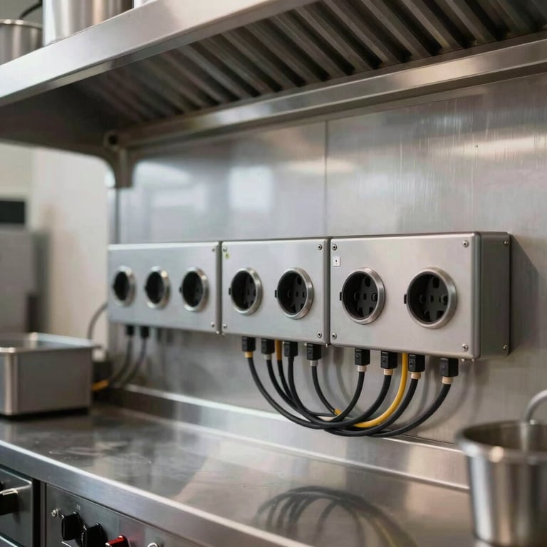 The interior of a sleek, modern commercial kitchen showing specialized electrical outlets and professional wiring.