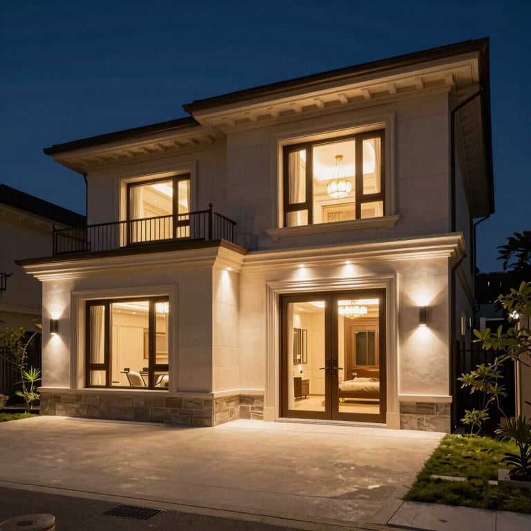 Exterior night view of a luxury residence with architectural lighting highlights designed and installed by professionals.