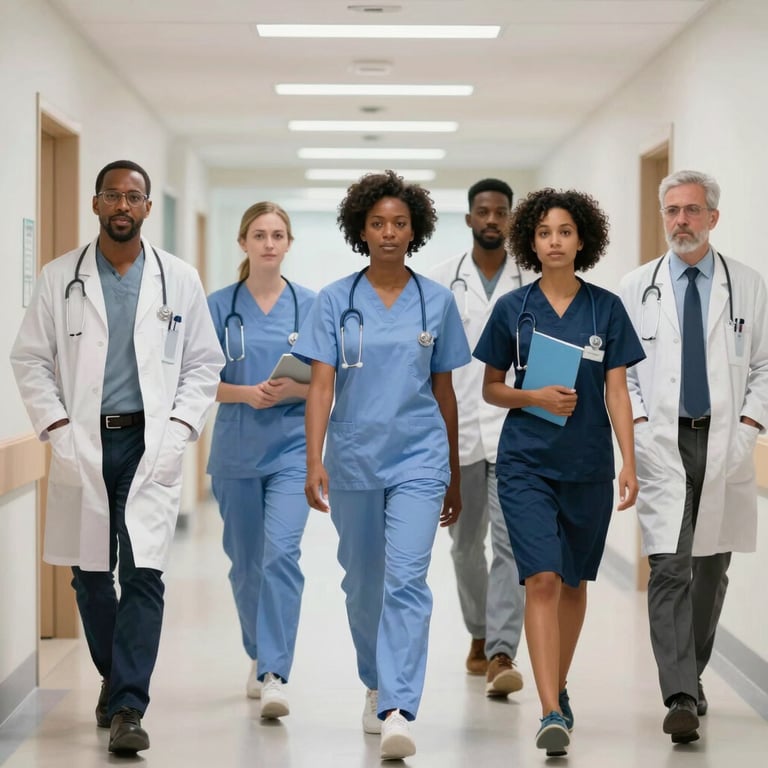 A diverse team of healthcare professionals in professional attire walking through a clean, modern hospital hallway.