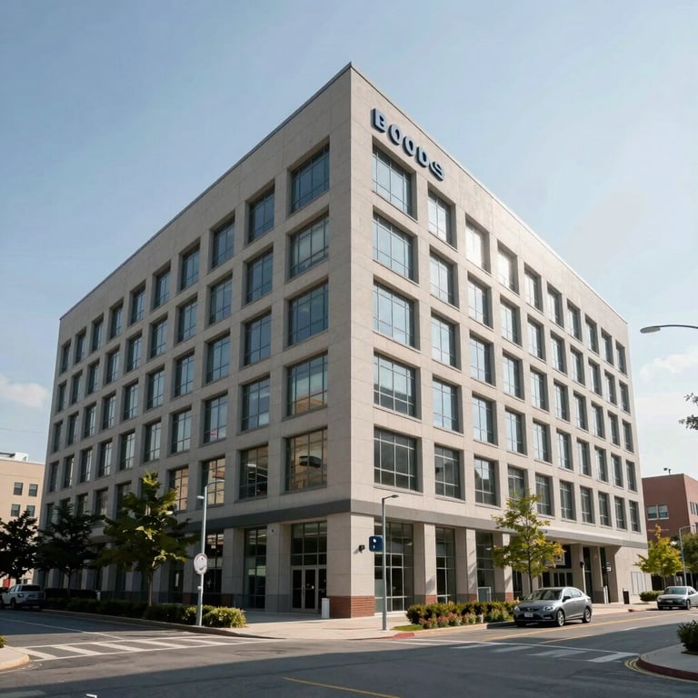 A wide shot of a contemporary medical building exterior in a North American urban setting during a bright day.