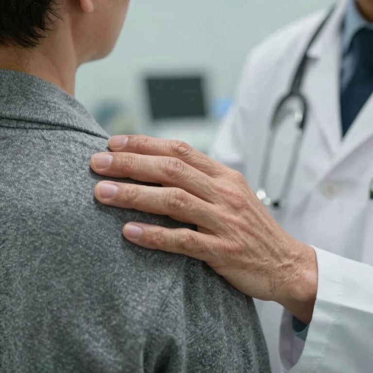 A close-up of a doctor's hand resting on a patient's shoulder, conveying empathy and trust in a North American clinic.