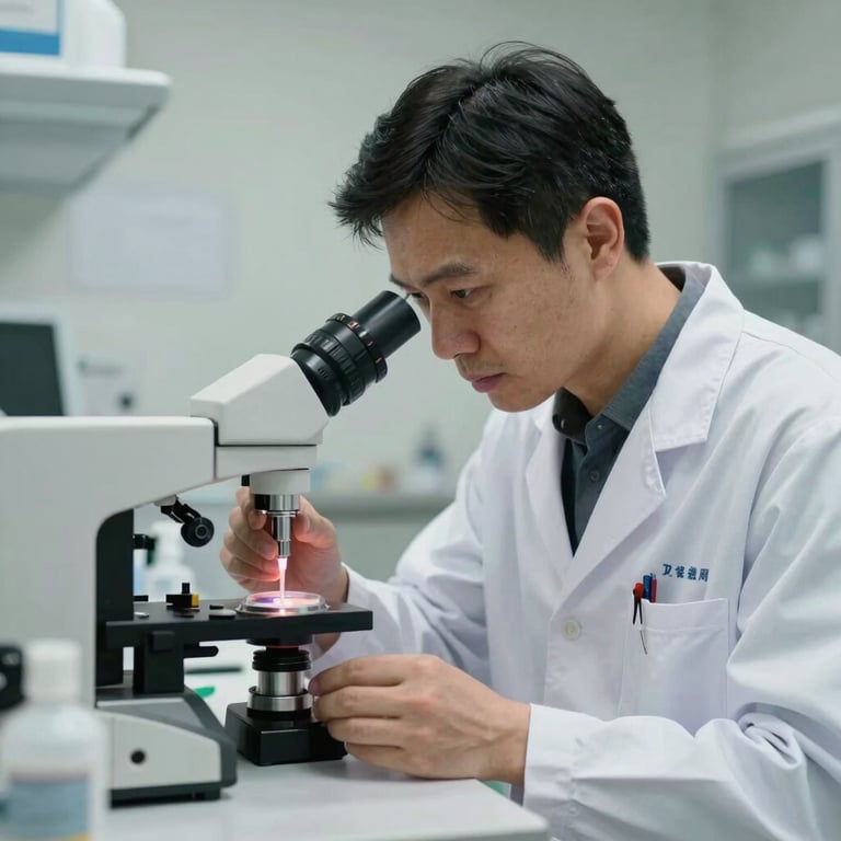 A focused pharmacist or researcher working with precision in a clean, professional medical setting.