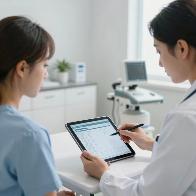 A patient and healthcare provider reviewing digital health charts on a tablet in a bright, modern exam room.