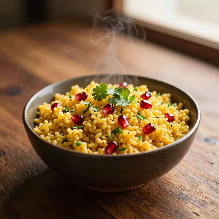 A steaming bowl of freshly prepared yellow Poha garnished with green coriander and fresh pomegranate seeds on a dark wooden table, warm side lighting