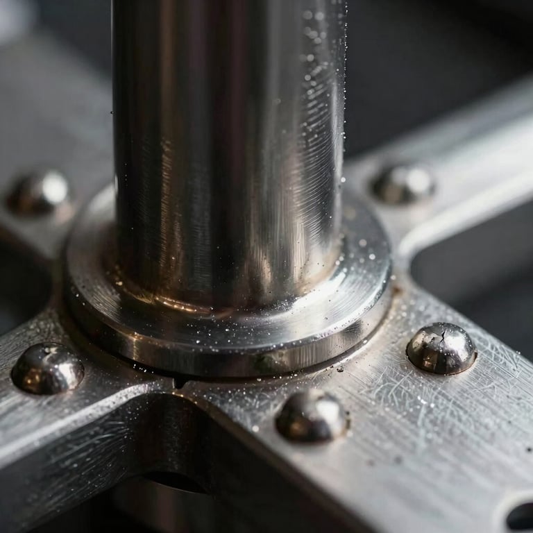 Extreme macro close-up of a brushed steel joint, mechanical rivets, high-contrast harsh studio lighting, deep shadows.