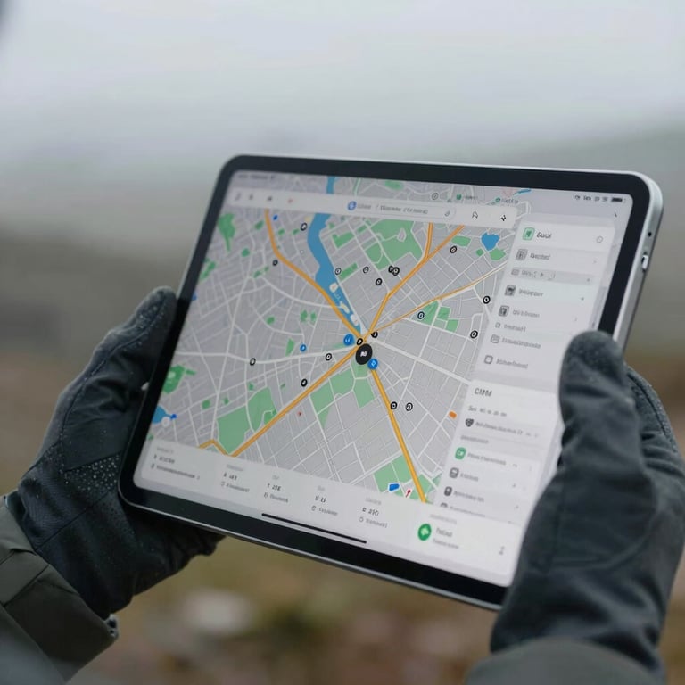 A close-up photograph of a gloved hand holding a modern tablet displaying a map with precise GPS coordinate markers, overcast outdoor lighting, cool tones