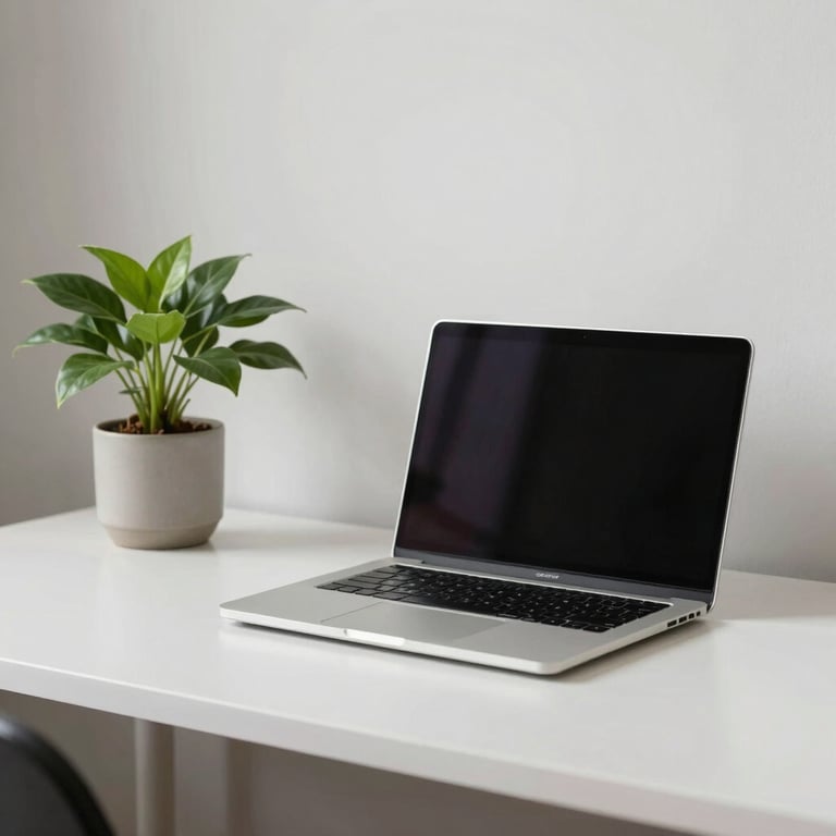A clean and minimalist South American / Brazilian workspace with a laptop and a green plant, conveying calm.