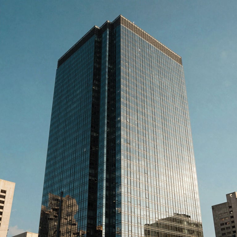 A modern glass office skyscraper in a South American / Brazilian financial district under a clear blue sky.