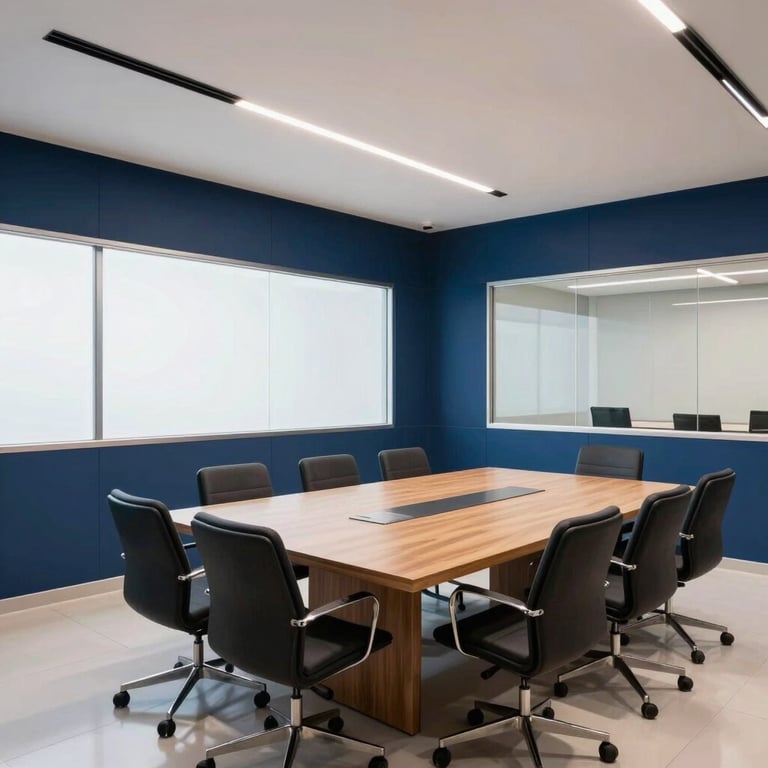 A bright meeting room in a South American / Brazilian office with clean lines and Navy Blue architectural details.